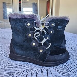 VGUC Sorel Explorer Joan Winter Boots Black Suede Faux Fur Waterproof Women 6